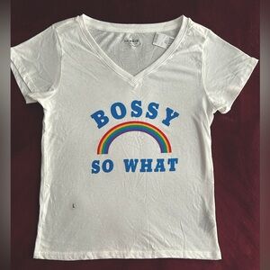 JOE BOXER T-shirt “Bossy So What?” cotton white V-neck Tee top